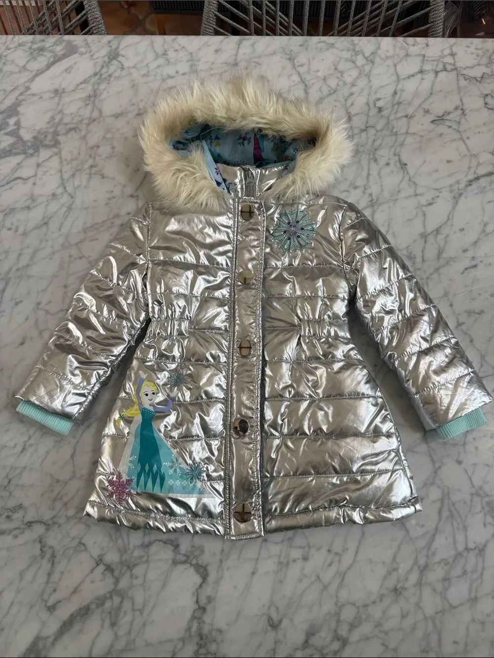 Frozen Elsa Disney Store Metallic Puffer Jacket Hood Sz 2T HTF